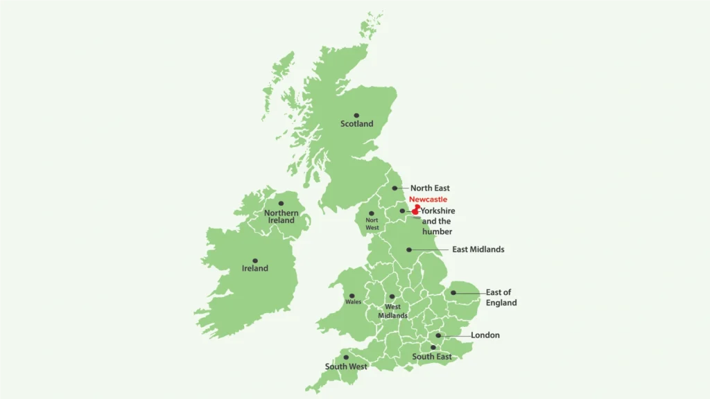 Newcastle in the UK Map